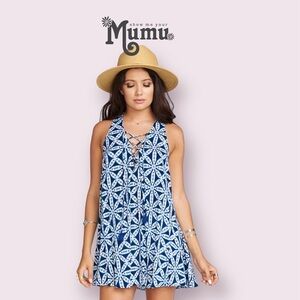 Show Me Your Mumu Rancho Mirage Lace Up Dress Blue White Mini Shift Beach Dress